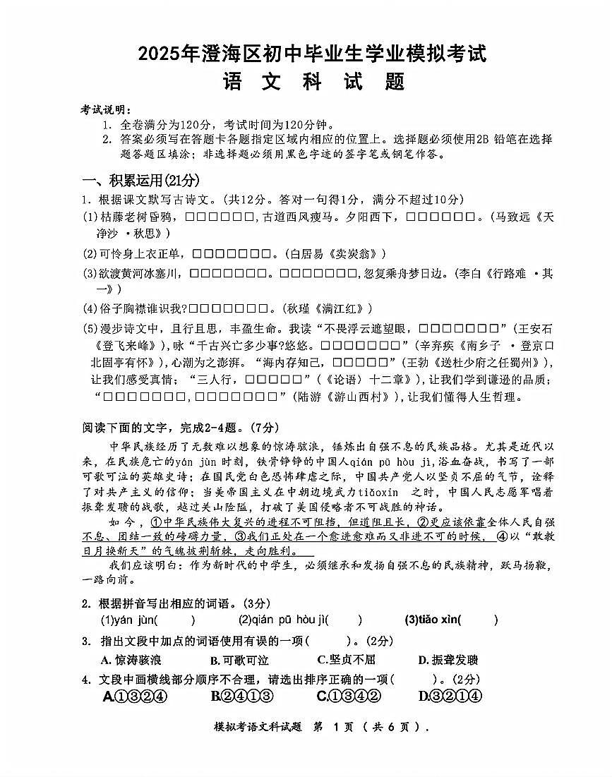 2025年广东省汕头市澄海区中考一模语文试题含答案第1页