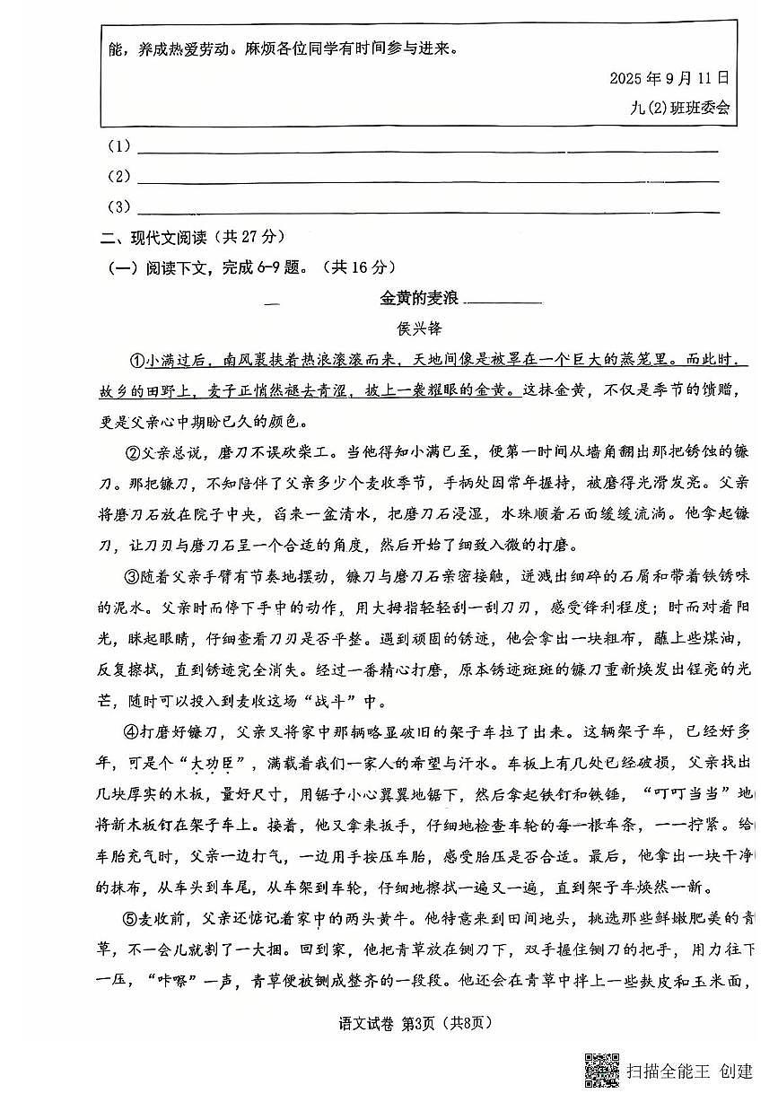 2025年河南省新乡市第二十二中学等校联考中考三模语文试题第3页