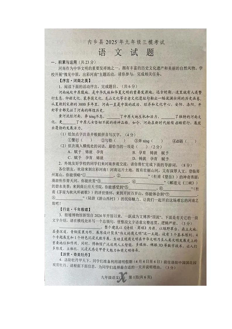 2025年河南省南阳市内乡县中考三模语文试题（中考模拟）第1页
