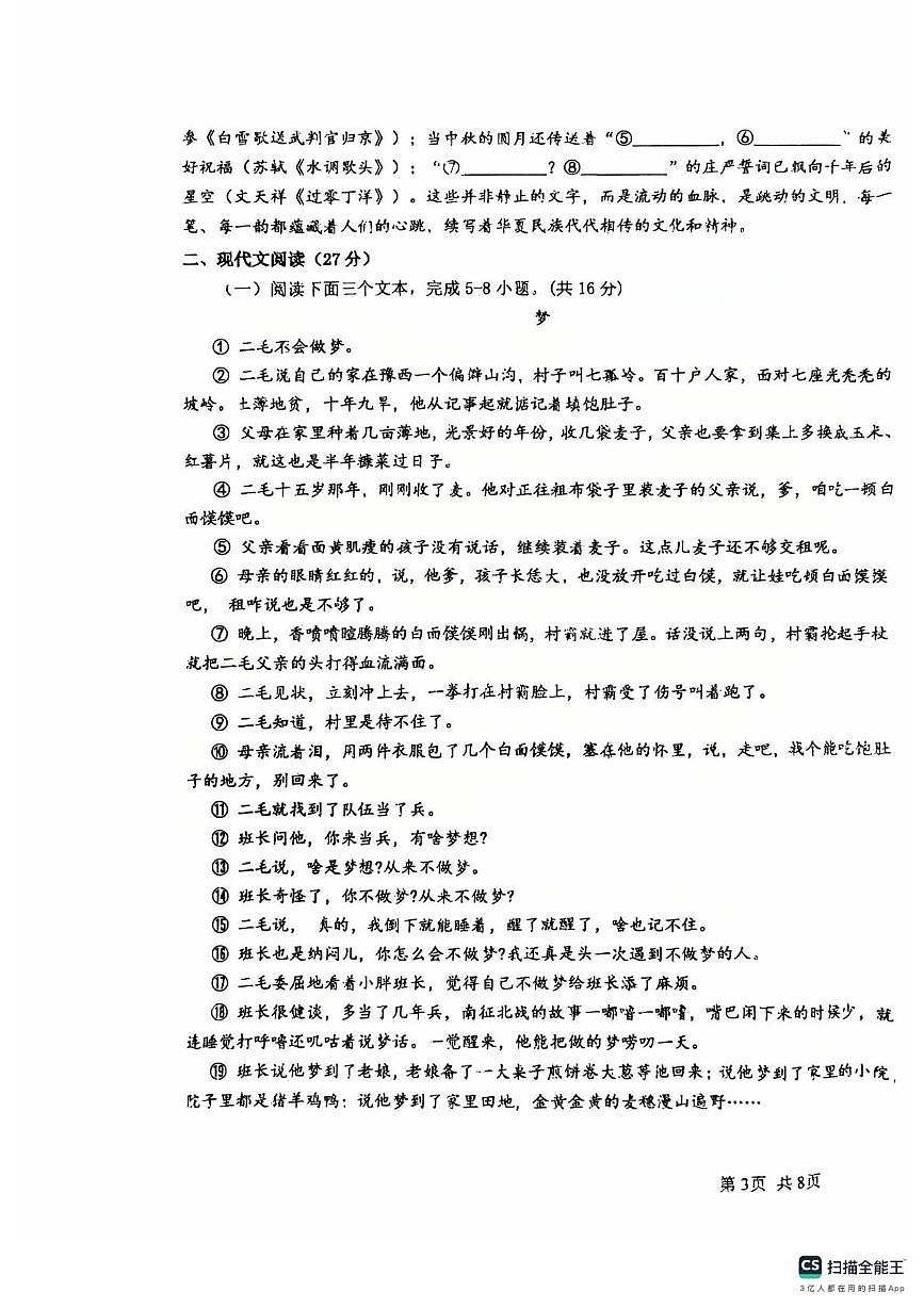 2025年河南省驻马店市汝南县部分私立初中联考中考三模语文试题（中考模拟）第3页