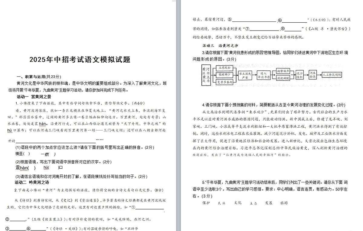 2025年河南省驻马店市遂平县文城中学、第二初级中学联考三模语文试题（中考模拟）第1页