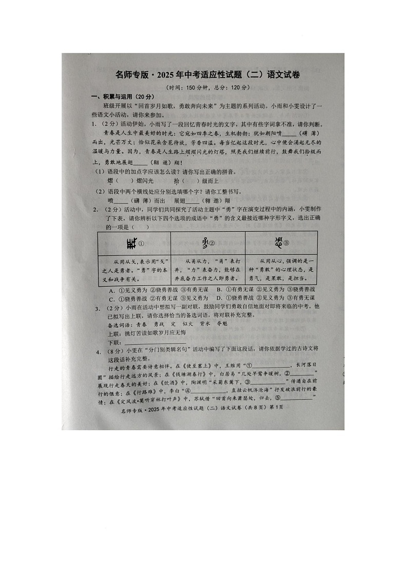 2025年中考适应性（二）语文试题第1页