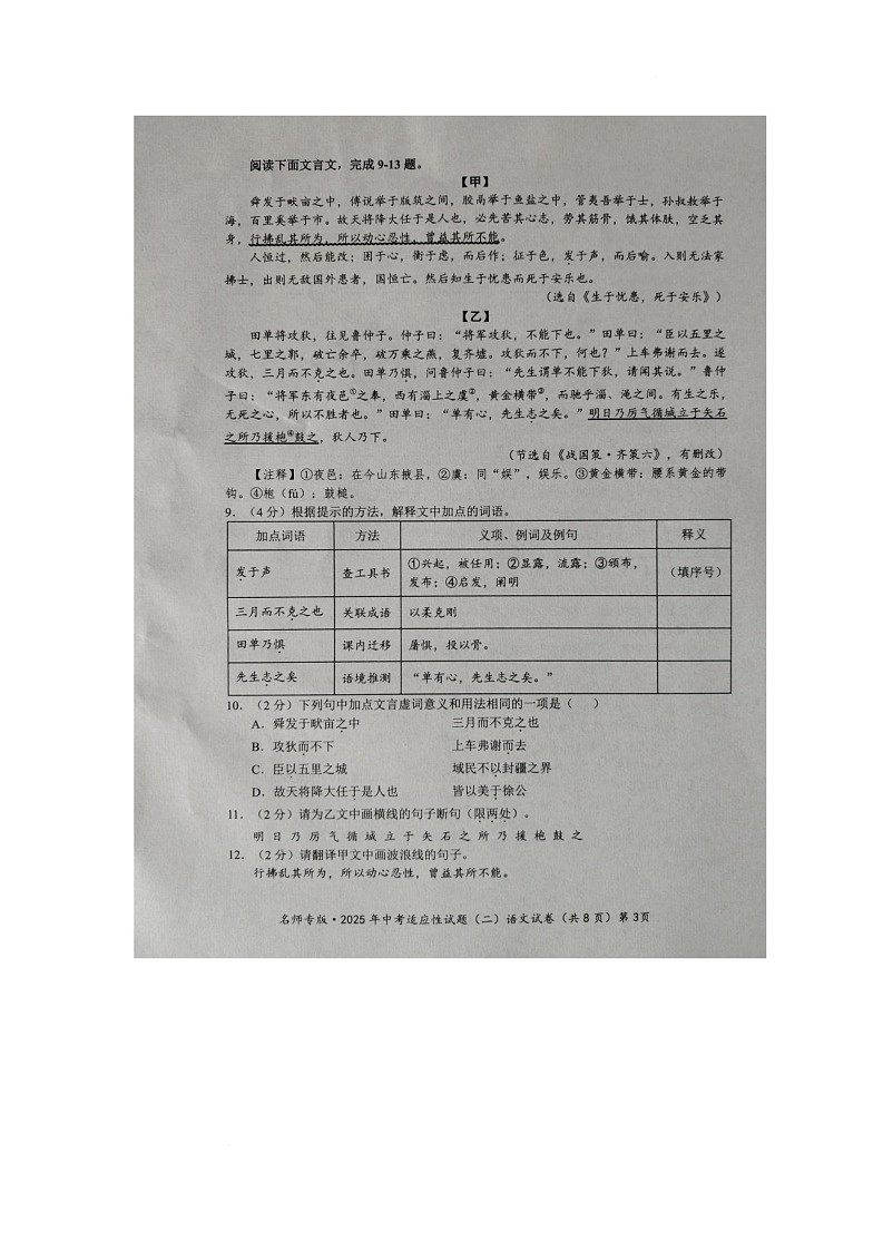 2025年中考适应性（二）语文试题第3页
