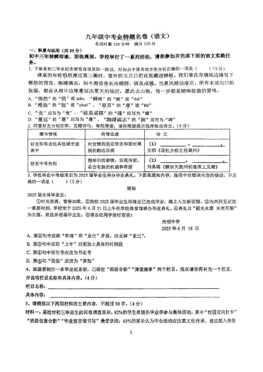 2025年湖南省长沙市湖南师大附中高新实验中学中考三模语文试题（中考模拟）第1页