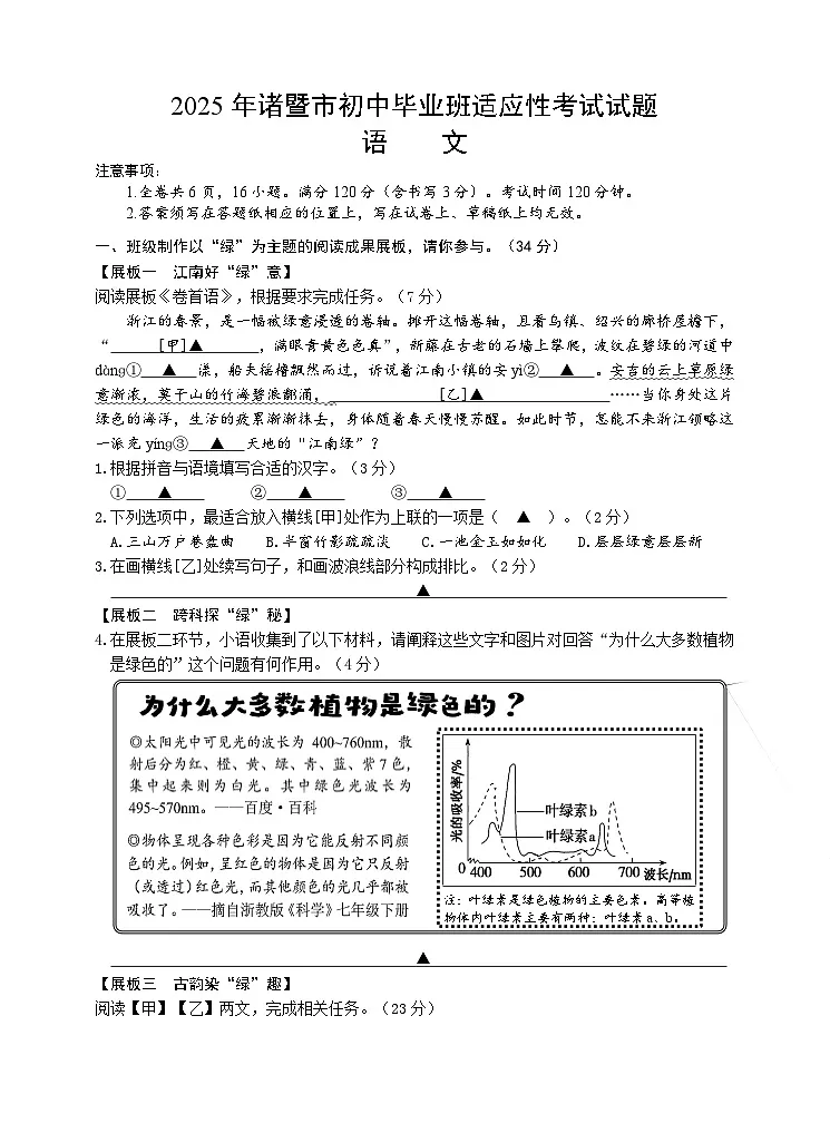 2025年浙江省诸暨市初中毕业生学业水平调测语文试题第1页
