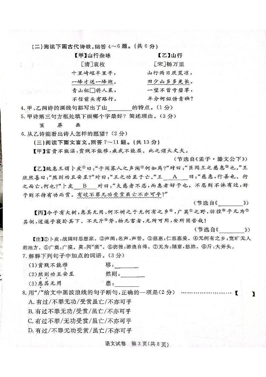 2025年河北省保定市高碑店市中考三模语文试题第3页