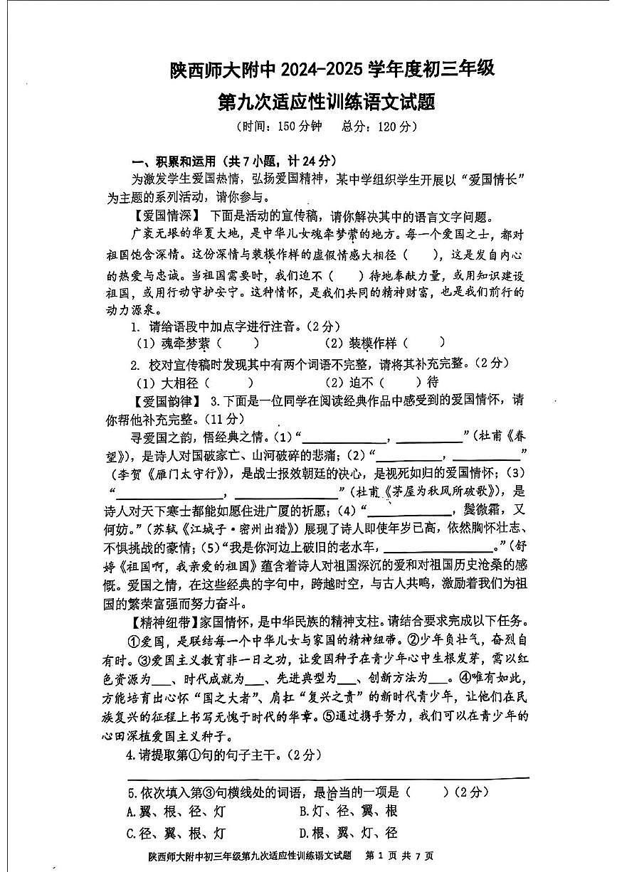 2025年陕西省西安市陕西省师范大学附属中学中考模拟语文试题（中考模拟）第1页