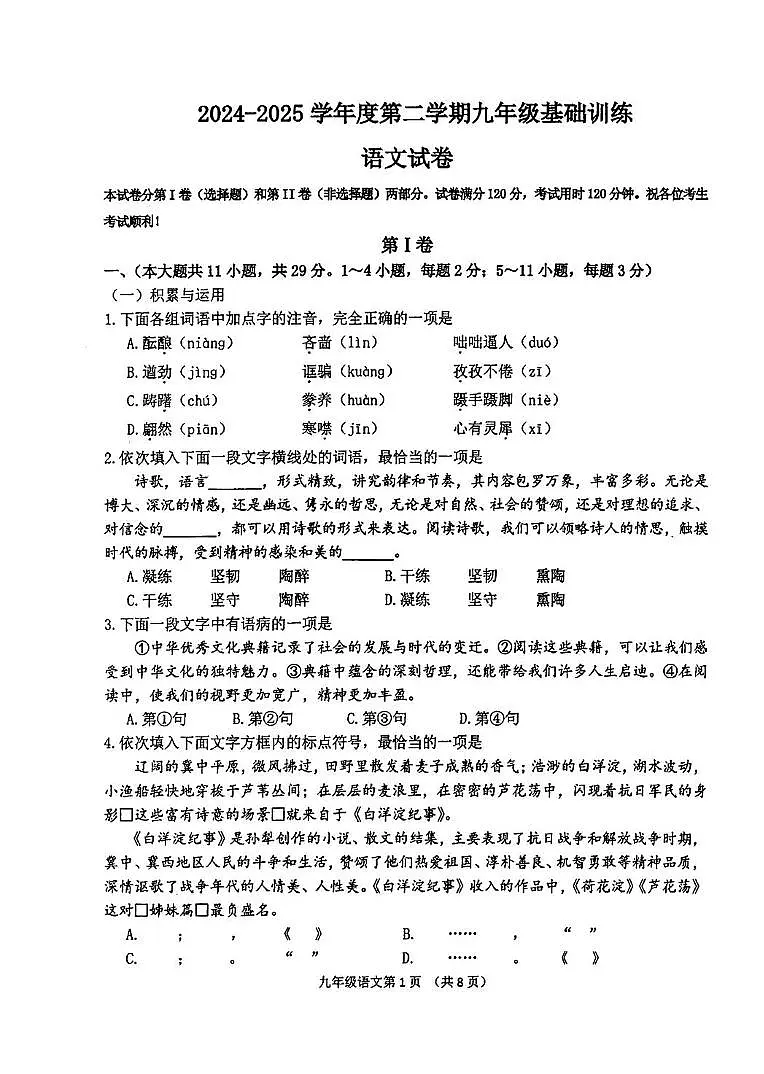 2025年天津市南开区中考三模语文试卷（中考模拟）第1页