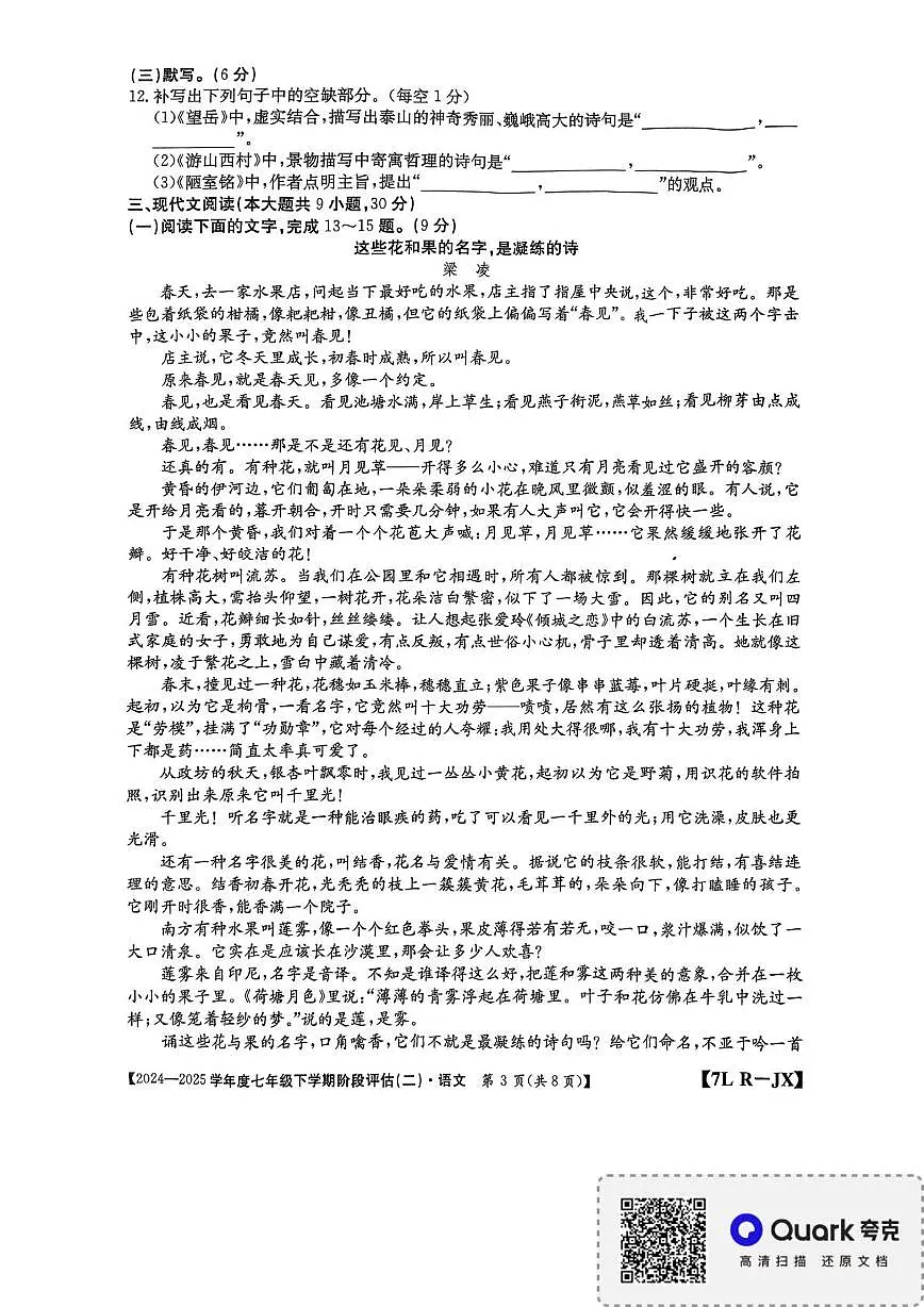 江西省南昌市部分校联考2024-2025学年七年级下学期第二次月考语文试题第3页