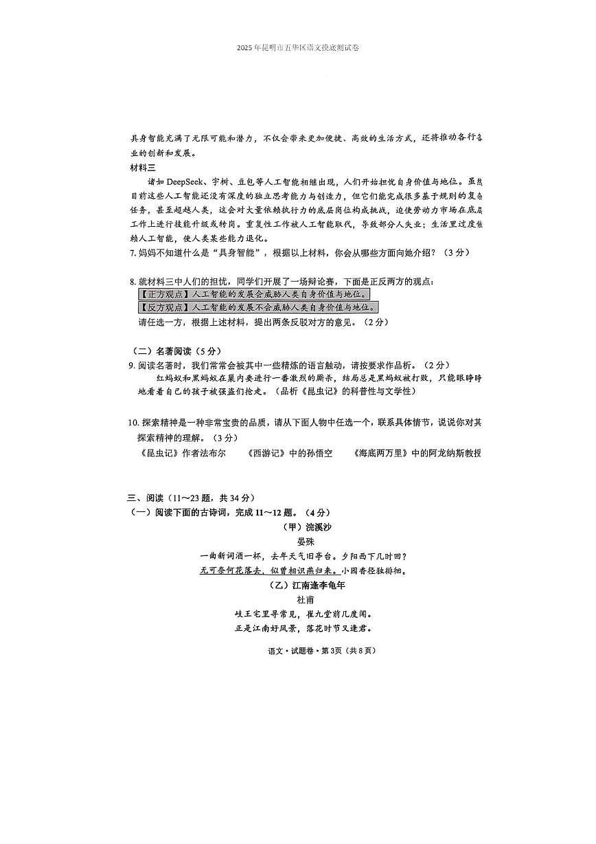 2025年昆明市五华区语文摸底测试卷（附带答案解析） 2025年昆明市五华区语文摸底测试卷第3页