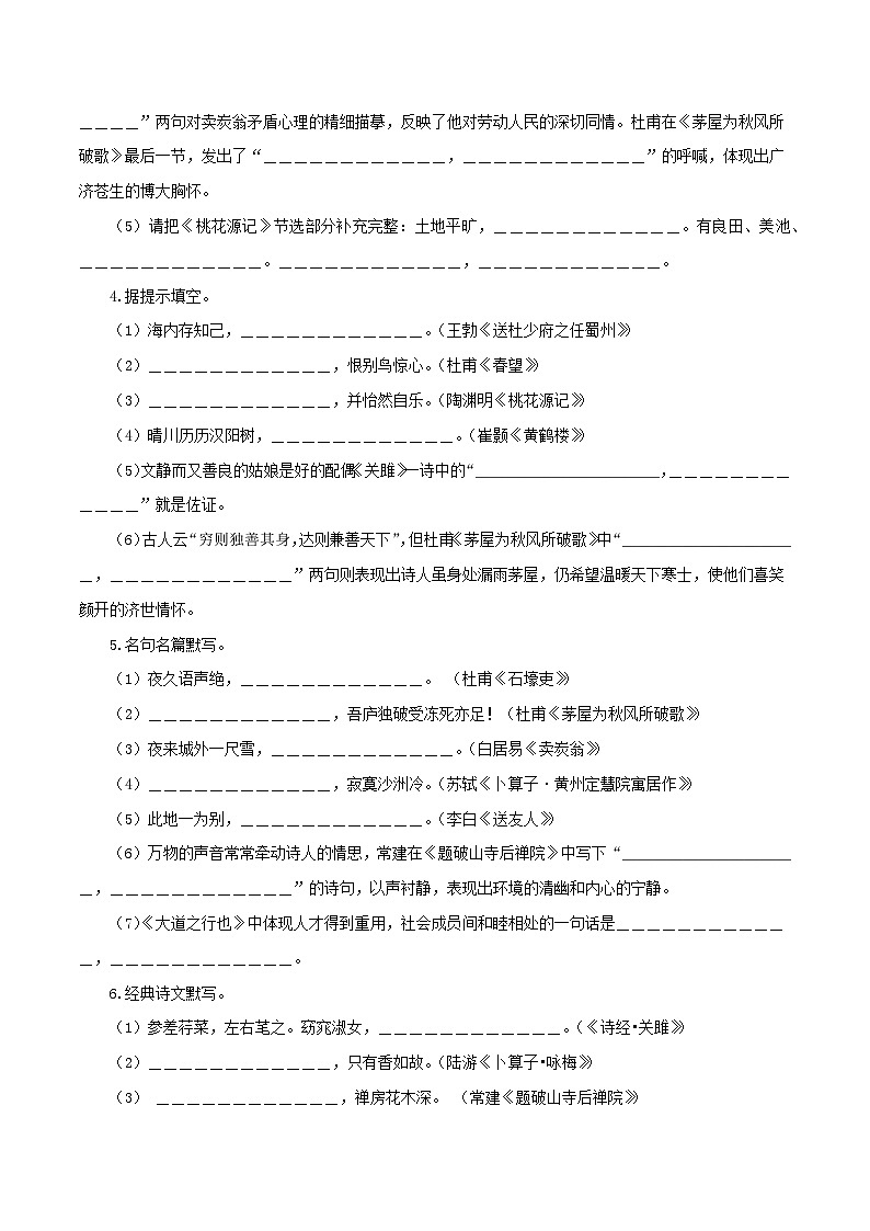 【复习篇】专项七 名句名篇默写-2024-2025学年八升九语文暑假专项练习 （原卷版）第3页