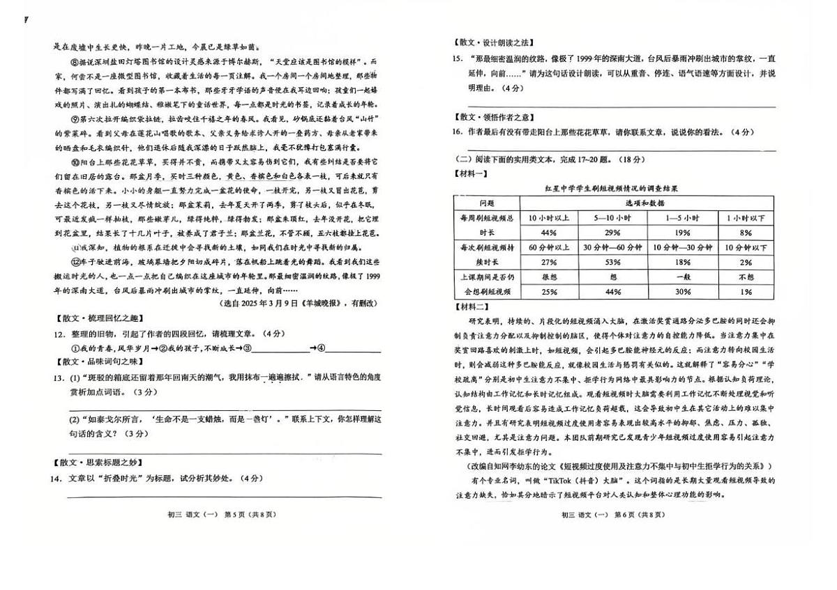 西南大学附属中学校2025届九年级下学期期中考试语文试卷第3页