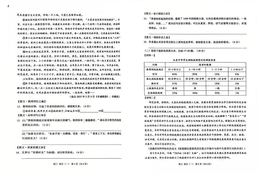 西南大学附属中学校2025届九年级下学期期中考试语文试卷第3页