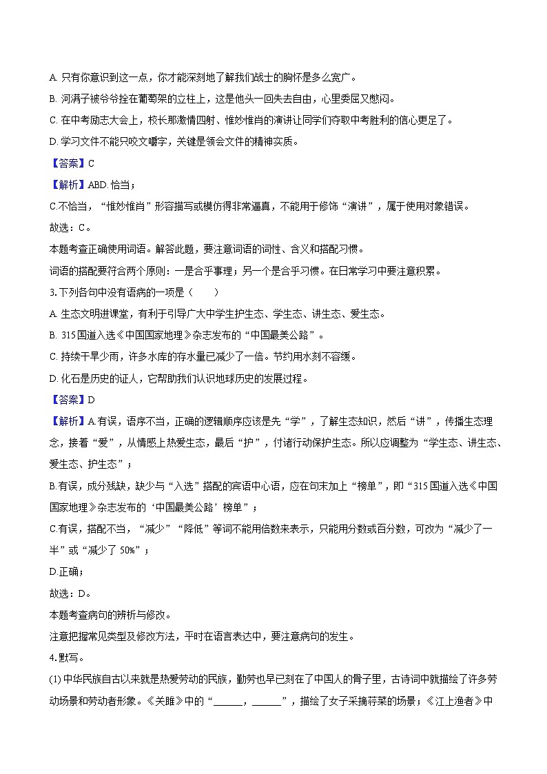 2025年黑龙江省佳木斯市中考语文三模试题（含答案）第3页