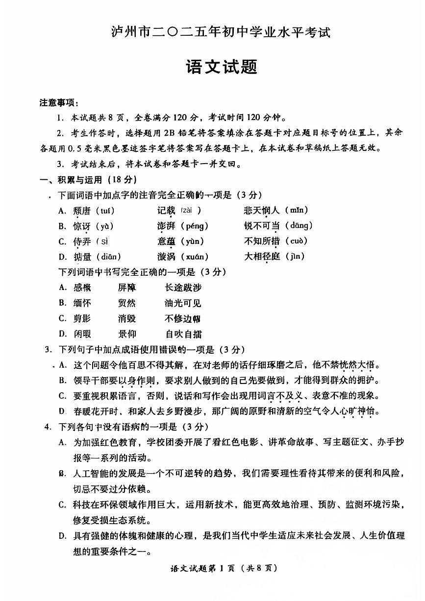 2025年四川省泸州市中考语文真题无答案第1页