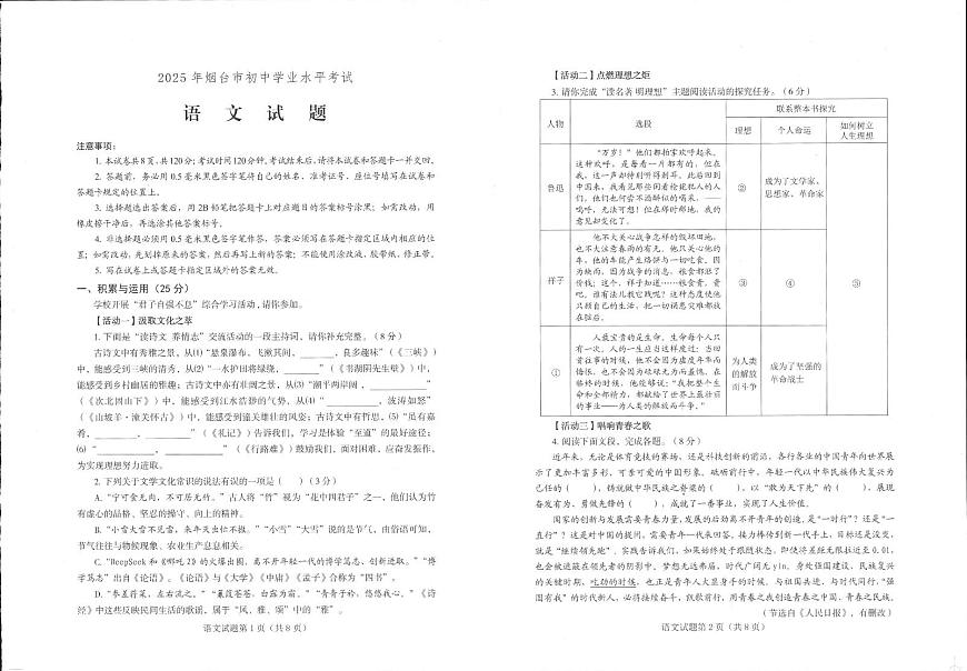 2025年山东省烟台市中考语文真题无答案第1页