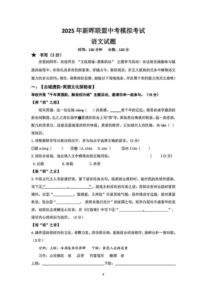 2025年浙江省绍兴诸暨市新晖联盟中考三模语文试题（PDF版，含答案）第1页