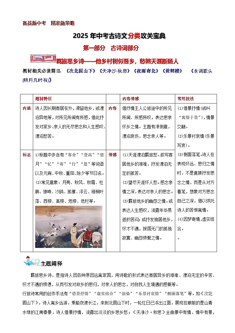 2025年中考语文二轮专题复习：《古诗文分类——第一部分古诗词部分羁旅思乡诗》讲义及练习-A4第1页
