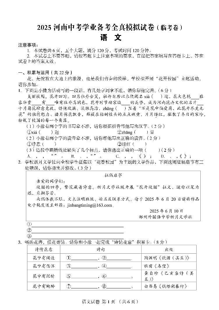 2025年河南省郑州市郑州外国语中学中考四模语文试题第1页