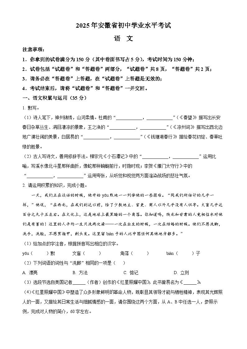 2025年安徽省宿州市部分学校中考模拟语文试题（中考模拟）第1页