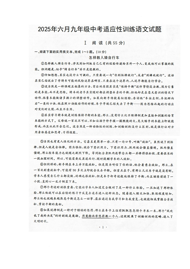 2025年湖北省武汉市黄陂区三模语文试题（中考模拟）第1页
