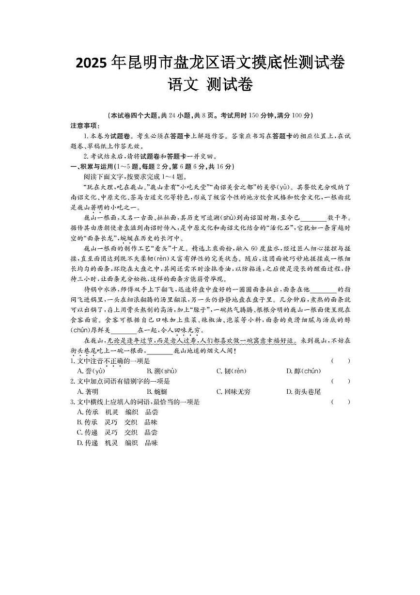 2025年昆明市盘龙区语文摸底性测试卷（附带答案解析） 2025年昆明市盘龙区语文摸底性测试卷第1页