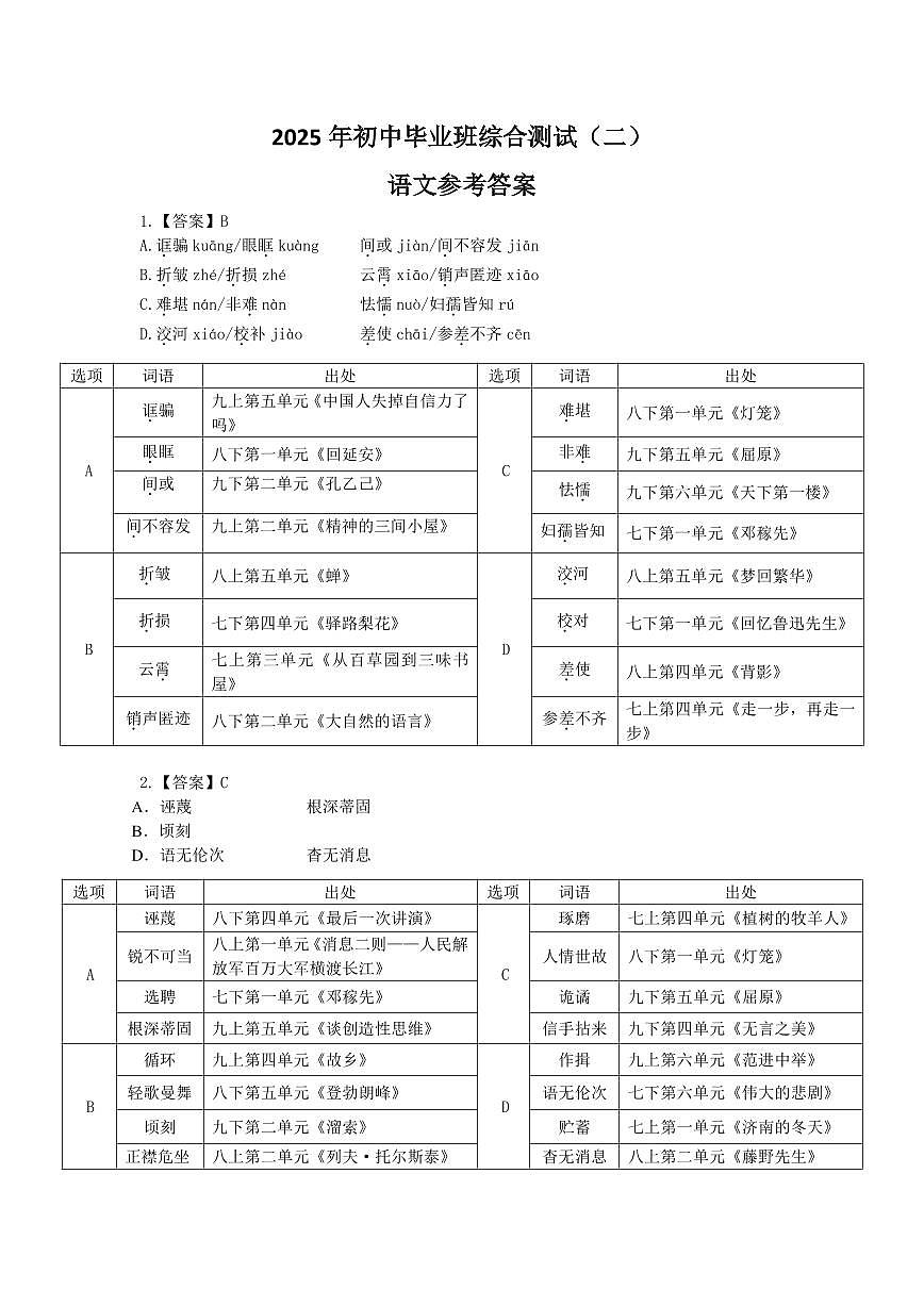 初中毕业班综合测试(二）语文参考答案(1)第1页