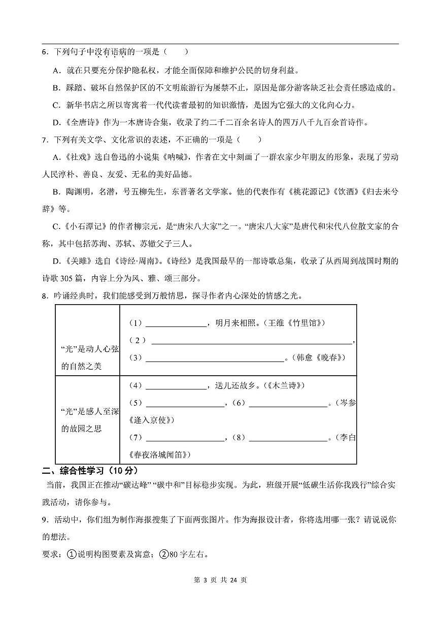 四川省成都嘉祥外国语学校2024-2025学年八年级下学期4月月考语文测试试卷第3页