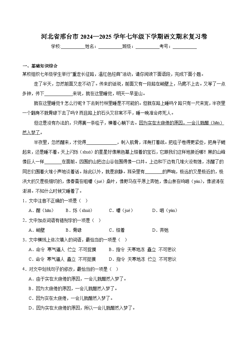河北省邢台市2024—2025学年七年级下学期 语文期末复习卷第1页