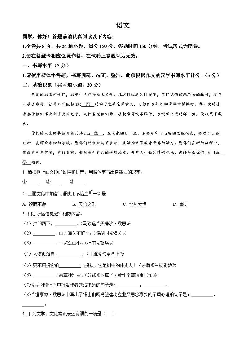 2025年贵州省铜仁市沿河土家族自治县中考三模语文试题第1页