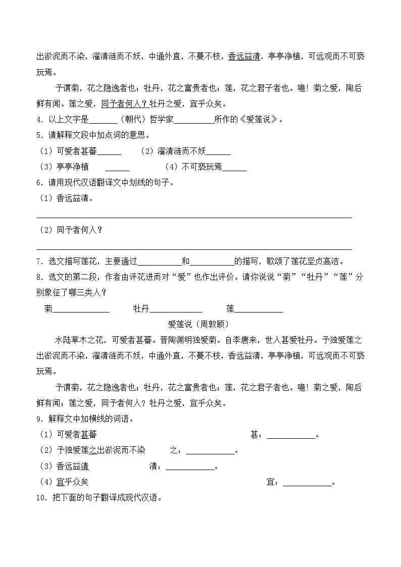 新人教部编语文七下 4-17《爱莲说》分层作业（原卷版 无答案）第3页