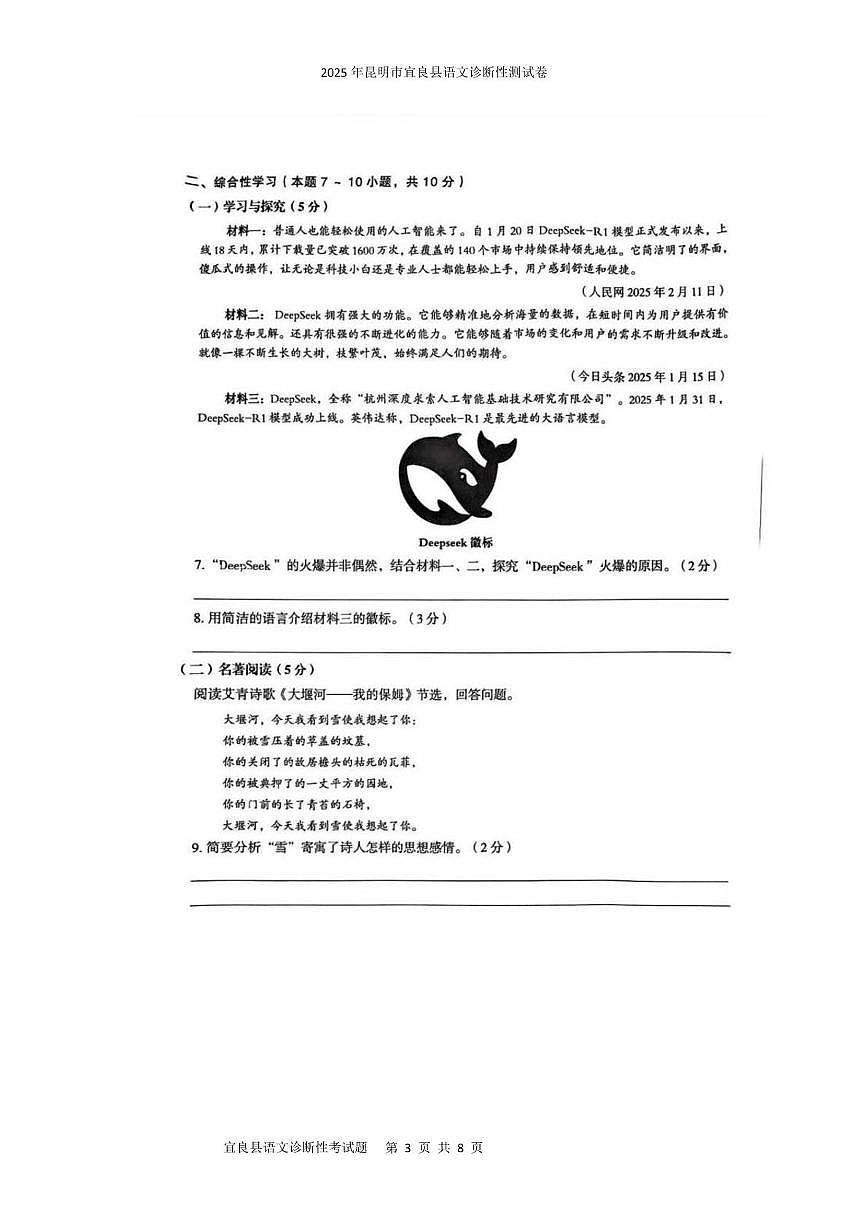 2025年昆明市宜良县语文诊断性测试卷 2025年昆明市宜良县语文诊断性测试卷第3页