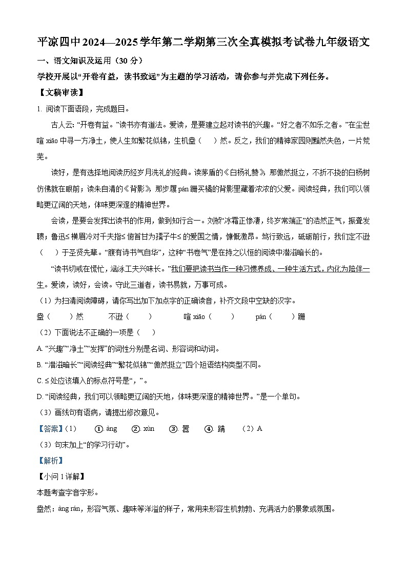 2025年甘肃省平凉市中考模拟语文试题（解析）第1页