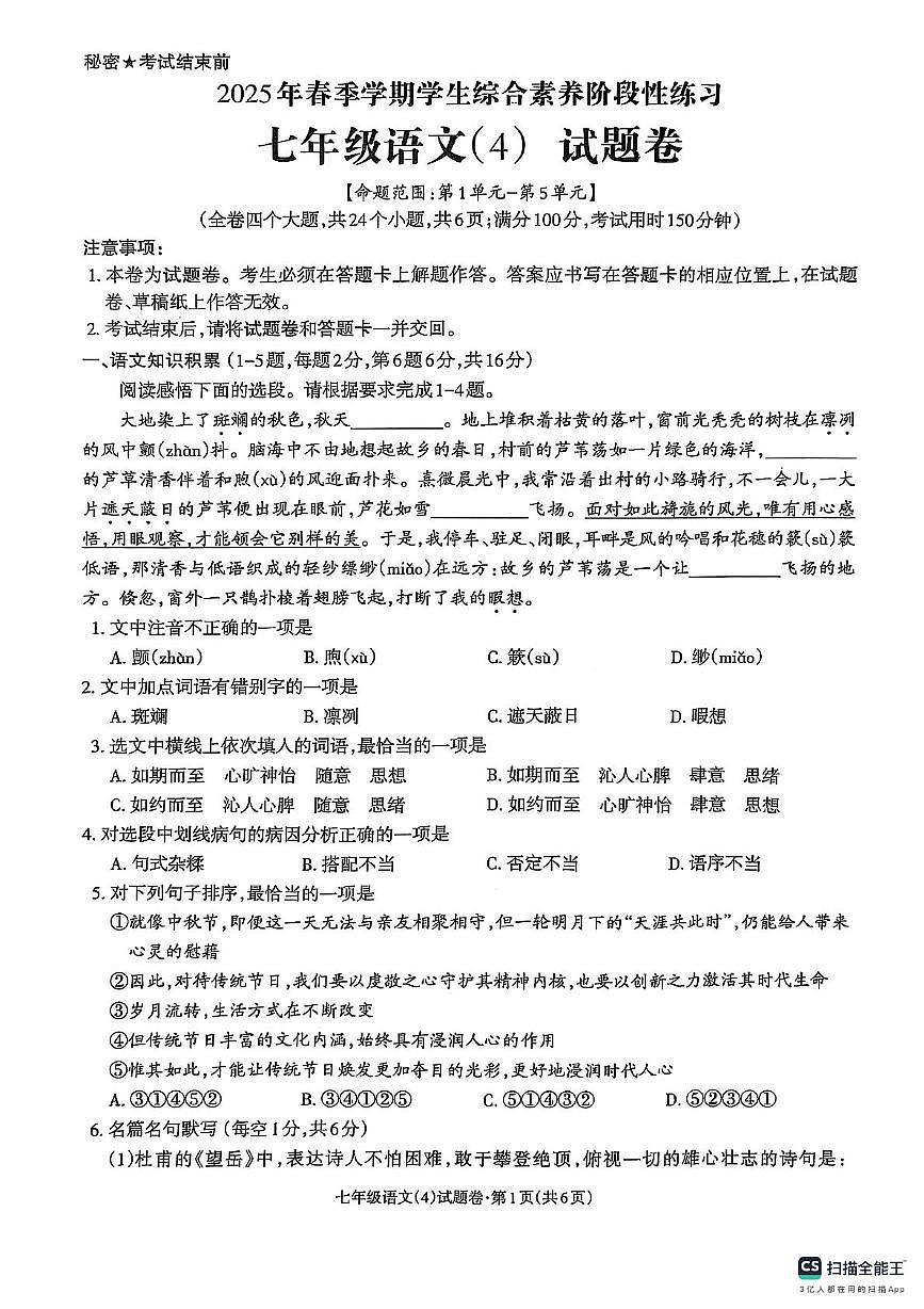 云南省昭通市昭阳区校联考2024-2025学年七年级下学期6月月考语文试题 七年级语文(1)第1页