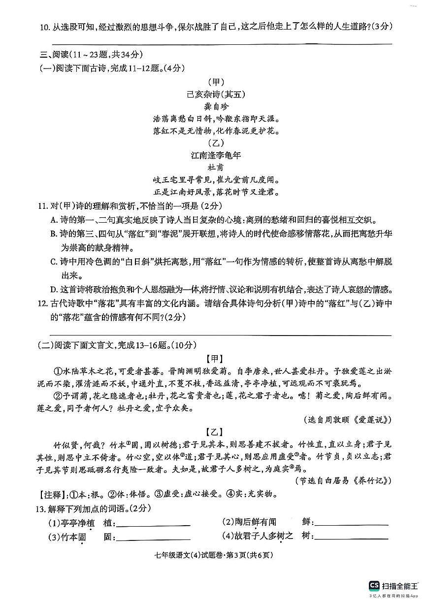云南省昭通市昭阳区校联考2024-2025学年七年级下学期6月月考语文试题 七年级语文(1)第3页