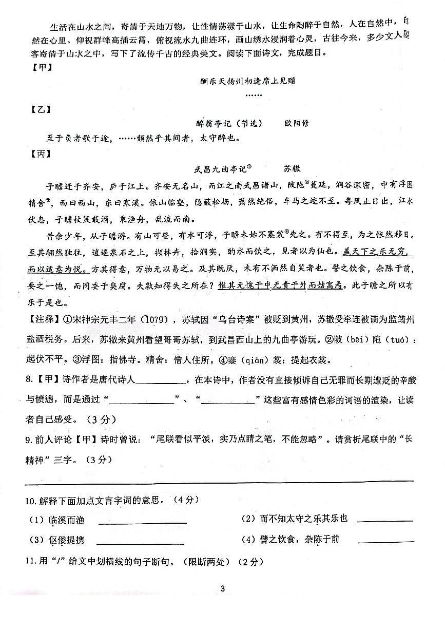 河北省邯郸市育华中学2024-2025学年九年级上学期语文开学测试题第3页