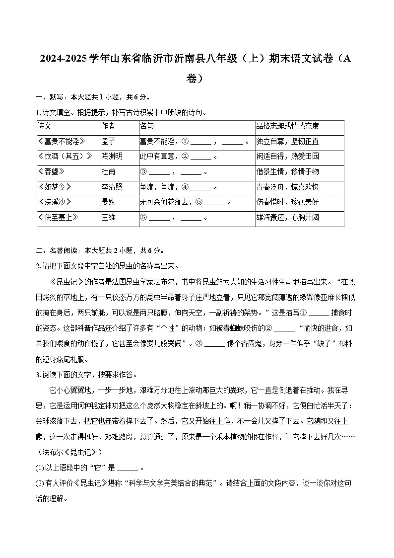 2024-2025学年山东省临沂市沂南县八年级（上）期末语文试卷（A卷）(含详细答案解析)第1页