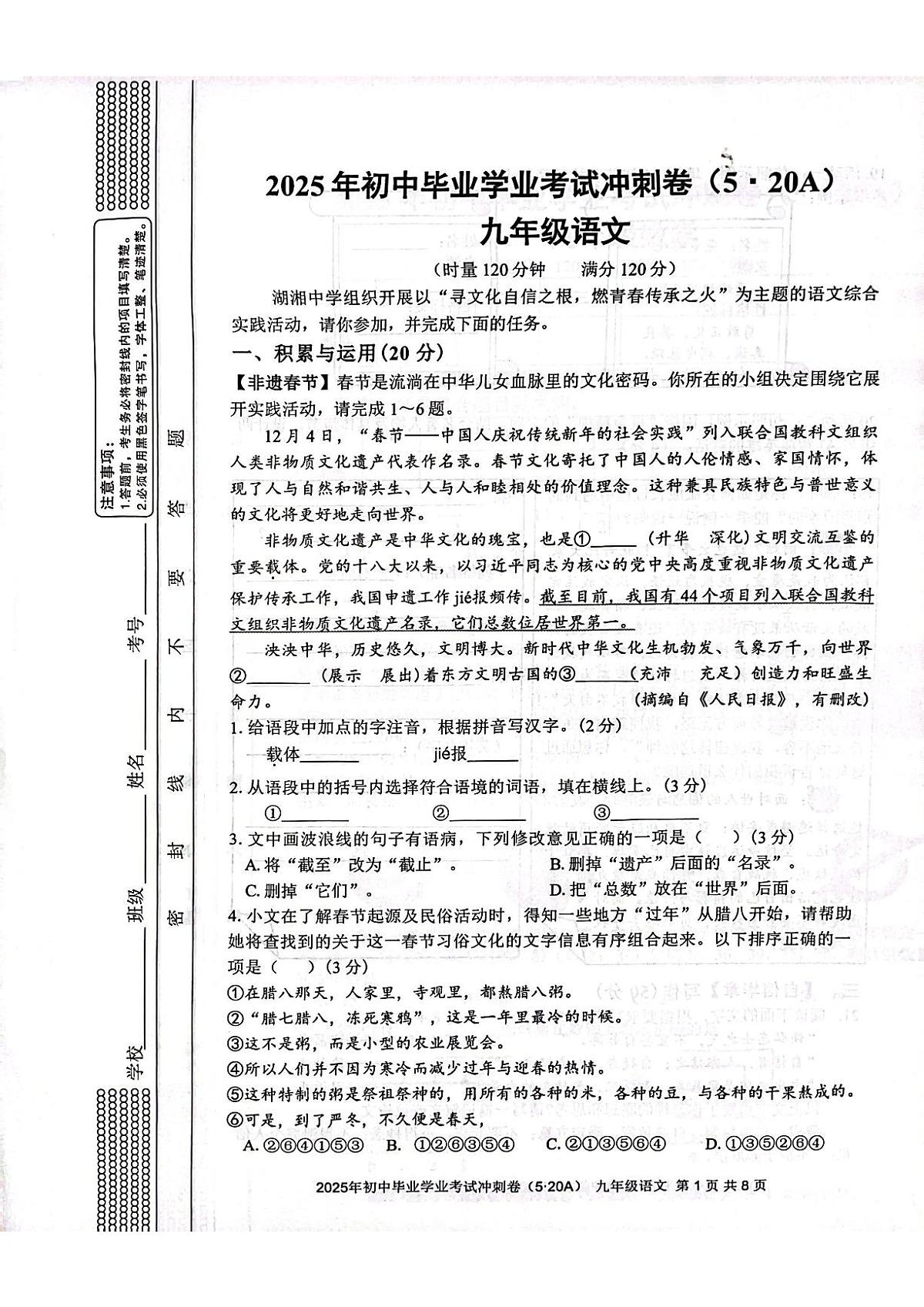 湖南省娄底市新化县2025年中考二模 语文试题第1页