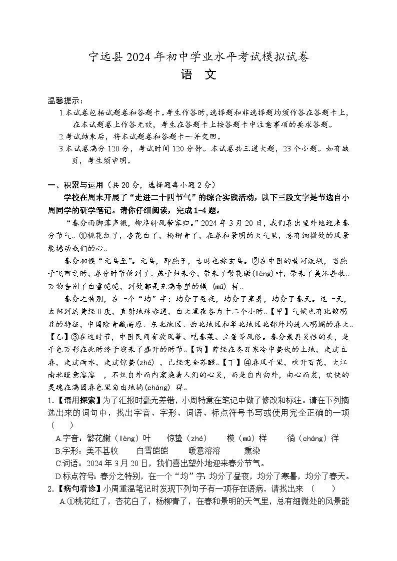 2024年湖南省永州市宁远县初中学业水平测试语文模拟试卷第1页