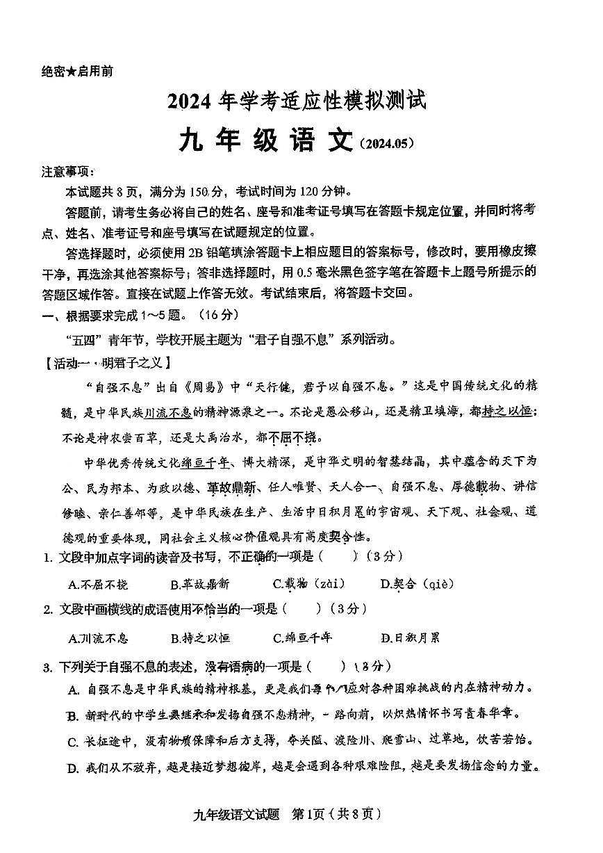 2024年山东省济南市槐荫区中考三模语文试题第1页