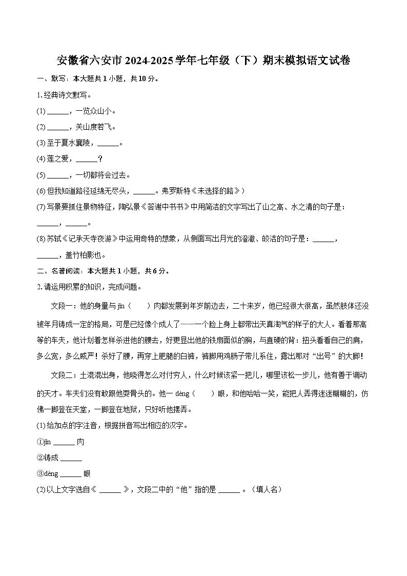 安徽省六安市2024-2025学年七年级（下）期末模拟语文试卷-普通用卷第1页