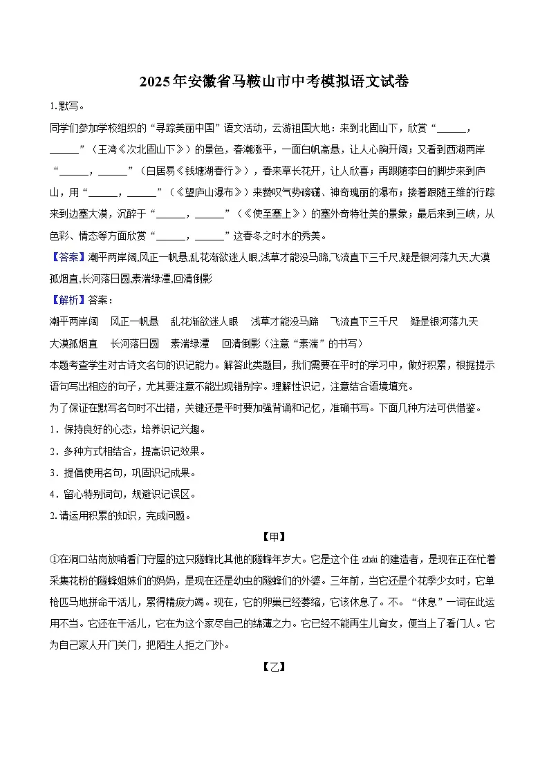 2025年安徽省马鞍山市中考模拟语文试卷第1页