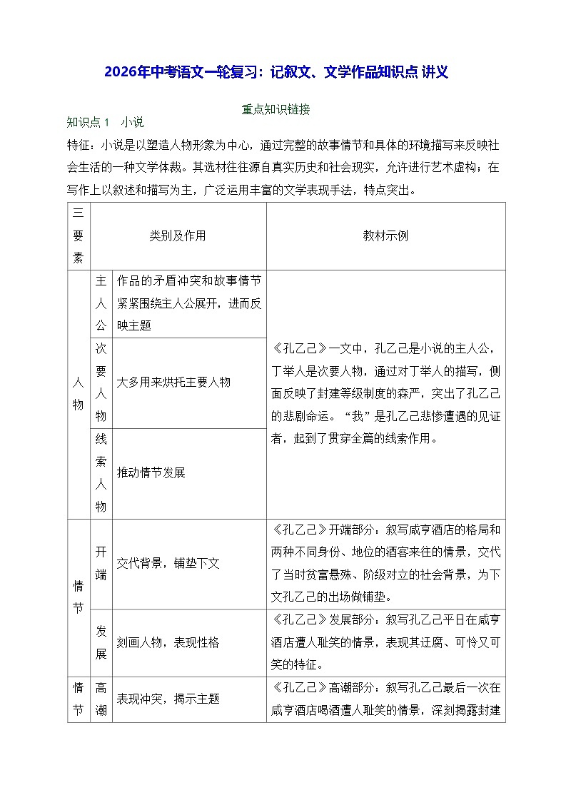 2026年中考语文一轮复习：记叙文、文学作品知识点 讲义（含练习题及答案）第1页