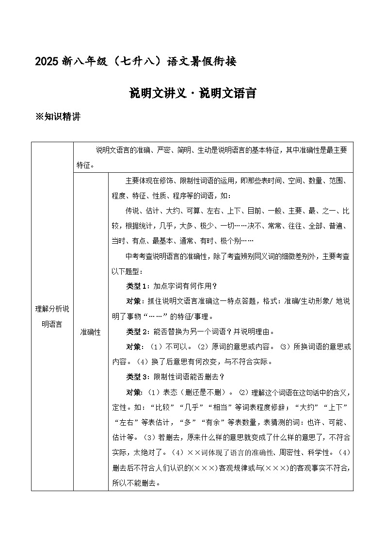 新八年级（七升八）暑假衔接讲义11 说明文（三）说明文语言（学生版）2025七升八语文衔接 统编版第1页