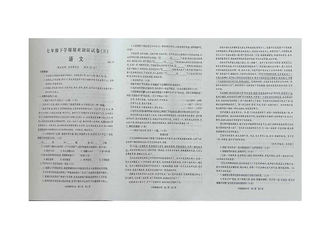 河南省安阳市滑县校联考2024-2025学年七年级下学期6月期末 语文试题（B卷）（图片版含答案）第1页
