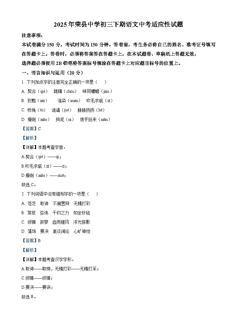 2025年四川省自贡市荣县中学中考模拟语文试题（解析）第1页