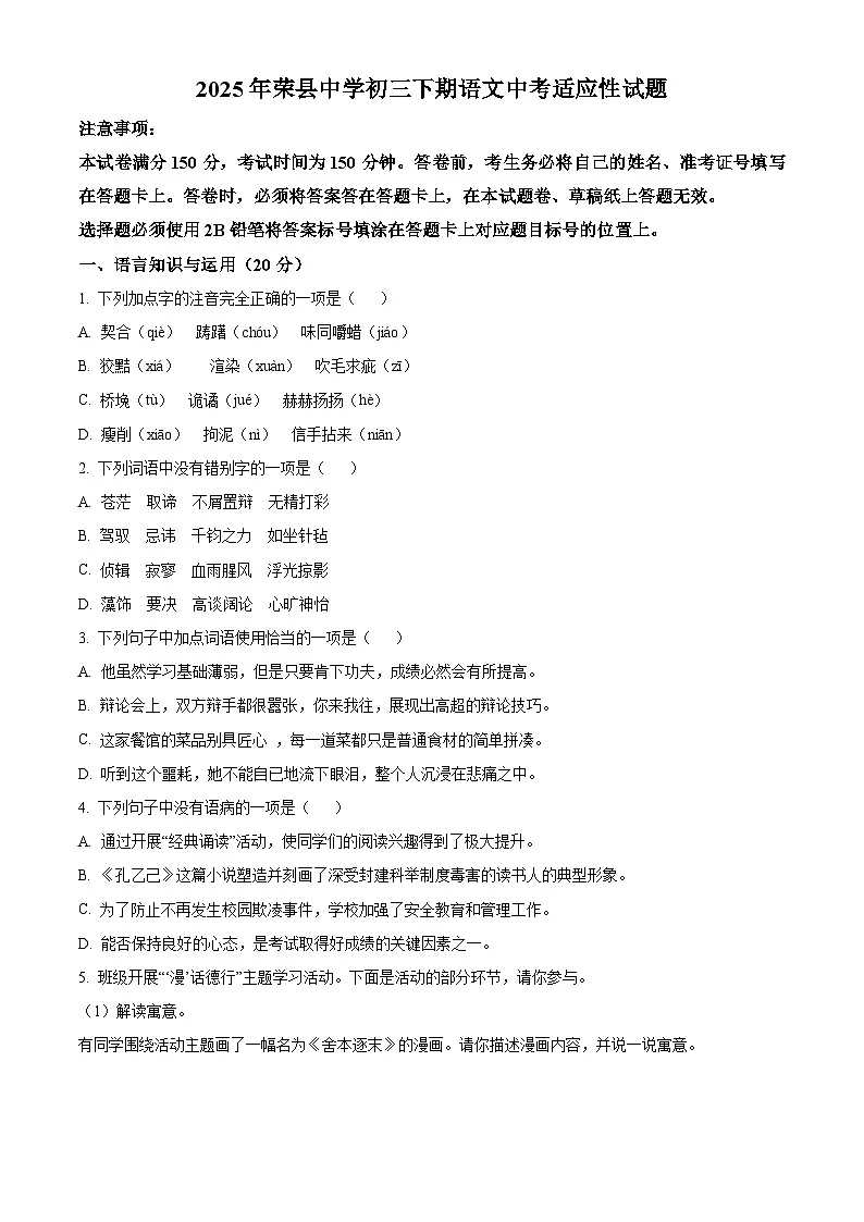 2025年四川省自贡市荣县中学中考模拟语文试题第1页