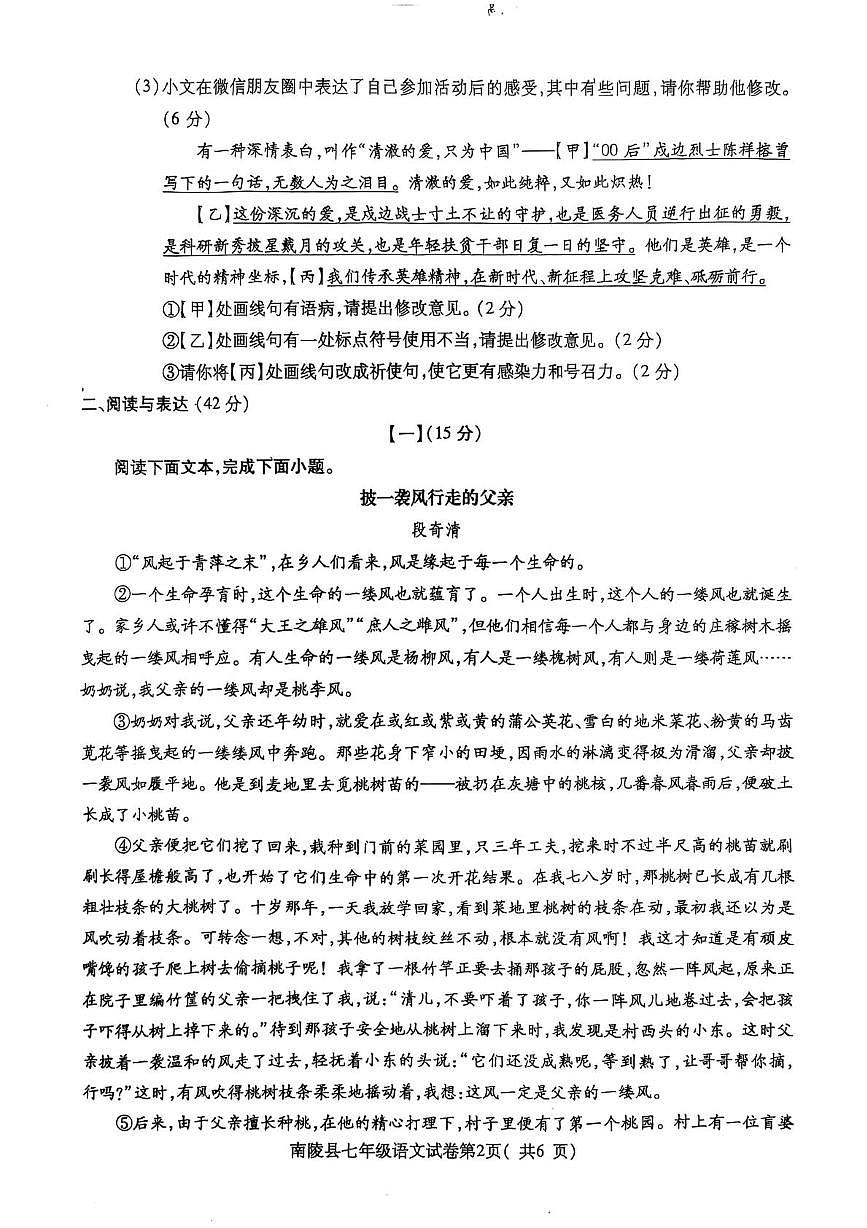 安徽省芜湖市南陵县2024-2025学年七年级下学期6月期末语文试题（pdf版含答案）第2页