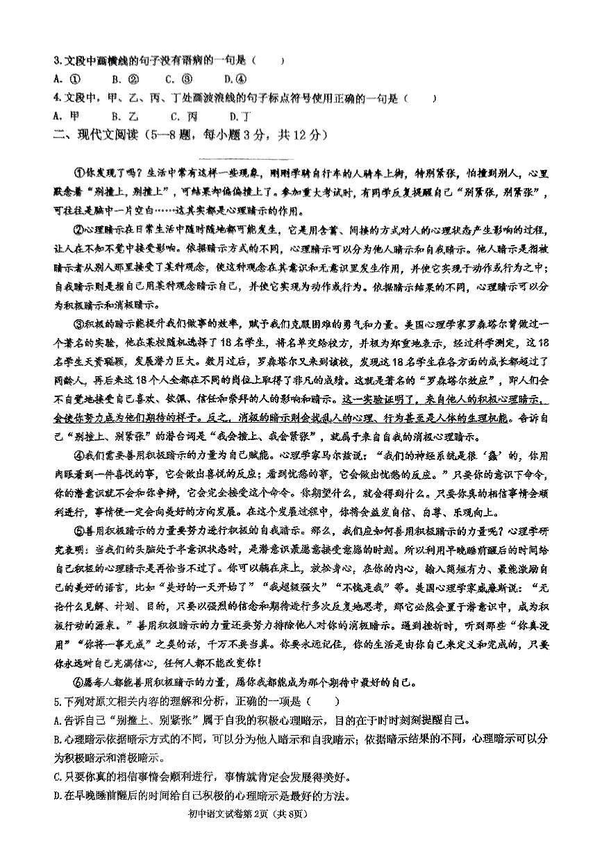 2025年四川省广安第二中学校1 N中考适应性考试语文试卷第2页