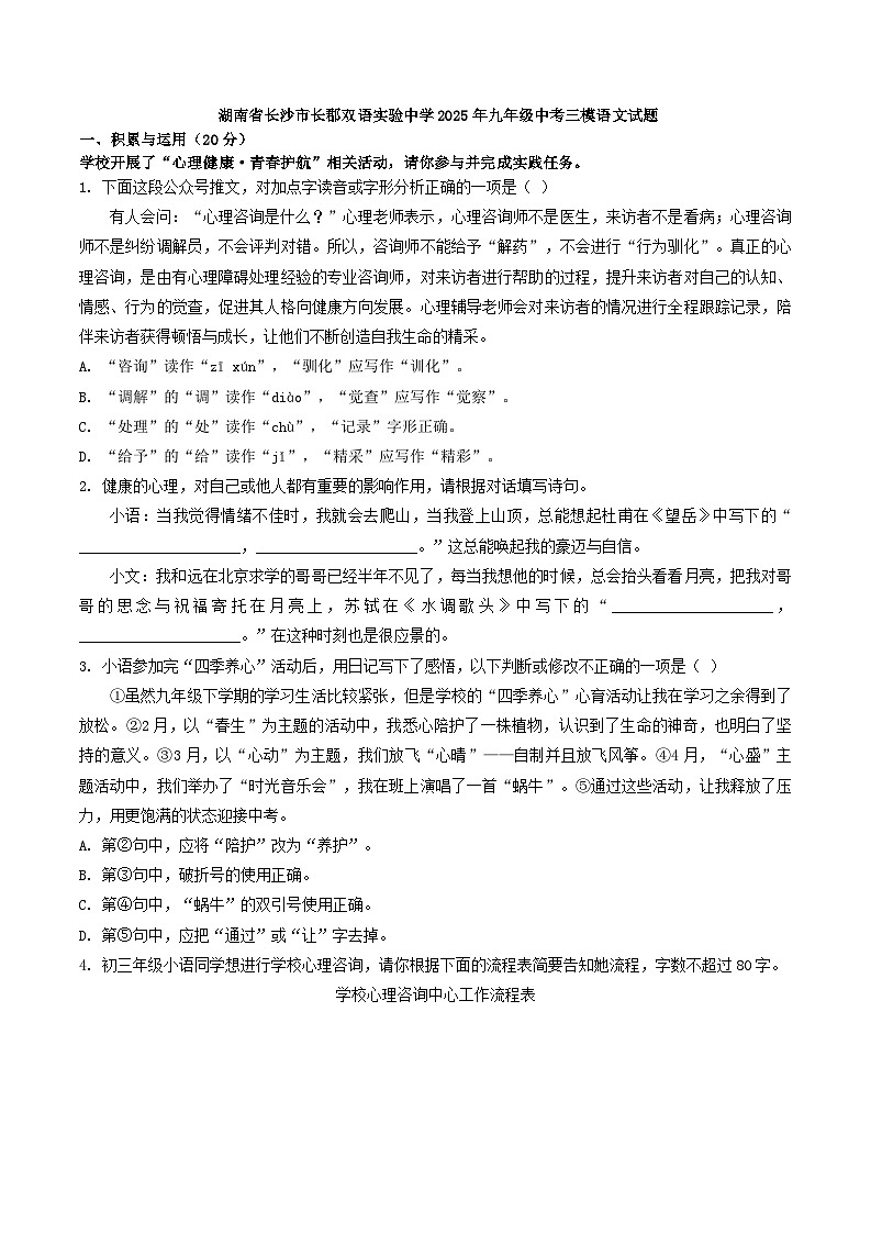 湖南省长沙市长郡双语实验中学2025年九年级中考三模语文试题第1页